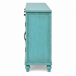 Custom Handcrafted Eco-Friendly Antique Turquoise Solid Mango Wood Palm Tree Carved <b>Sideboard</b> <b>Storage</b> Cabinet 4 Drawers 4 Doors - Product Image 4