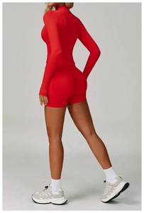 Women's 2-Piece Red Yoga Set High Waist Shorts Racerback Crop Top Stand Neck Long Sleeve Seamless Cut-Out Design - Product Image 4