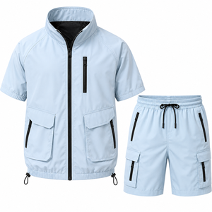 Grace Collection Men's Yellow <b>Hooded</b> Quarter-<b>Zip</b> Fleece Jacket Shorts Set Solid Color Quick Dry 300g Polyester Streetwear Casual - Product Image 2