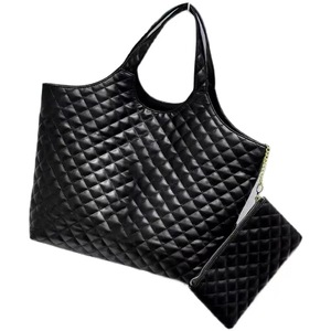 Sac fourre-tout matelassé en cuir véritable noir Golden Bridge pour femme, avec deux poignées, bandoulière, ouverture supérieure, grande capacité, portable - Product Image 2
