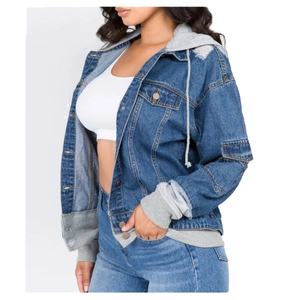 Veste en jean d'hiver élégante pour femme, motif à carreaux, effet usé, capuche, manches longues, boutons décoratifs - Product Image 5