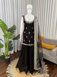 Ensemble palazzo élégant pour femmes, vêtements ethniques, confectionné dans des tons chics avec un tissu en georgette de qualité supérieure, détails en dentelle raffinée - Product Image 4