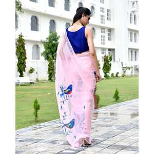 ผ้าซารีสีชมพูหรูหรา ลายเพ้นท์มือสไตล์ชาติพันธุ์ ผ้าจอร์เจตต์ชีฟอง สำหรับงานแต่งงานอินเดีย ชุดสำหรับงานปาร์ตี้ ผู้หญิง พร้อมเสื้อคลุม ใส่ได้ทุกฤดู - Product Image 5