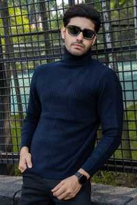 Men's High Neck Ribbed Knit Sweater <b>Pullover</b> Solid Color Warm 100% Cotton ODM for Autumn and Winter - Product Image 3
