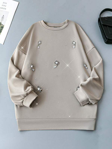 เสื้อสเวตเชิ้ตสีเบจประดับคริสตัลสำหรับผู้หญิง ทรงโอเวอร์ไซส์ ผ้าฟลีซ แต่งเข็มกลัดวิบวับ แขนยาว สไตล์สตรีทแวร์ - Product Image 1