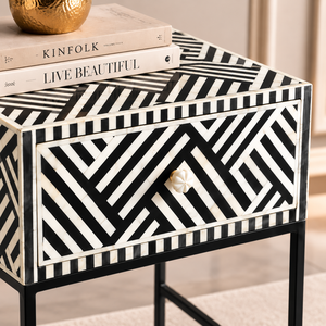 Black and White Bone Inlay Nightstand Wooden End Table Accent <b>Side</b> Table with <b>Drawers</b> for Bedroom - Product Image 3