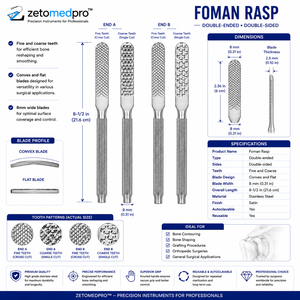Râpe FOMAN double face à dents fines et grossières, lame de 8 mm, 8,5 pouces (21,6 cm), Zetomed Pro MA-13-766, certifiée CE - Product Image 3