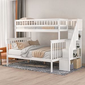 Letto a Castello Bianco con Scala e Contenitore, Dimensioni Twin Over Full, per Bambini - Product Image 3