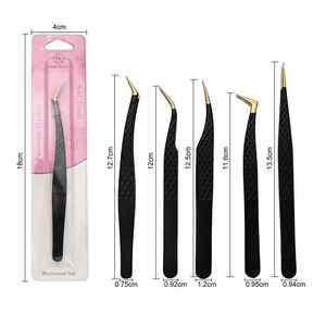 Pinzas de Acero Inoxidable para Extensión de Pestañas, Color Negro Premium con Puntas Doradas, Antideslizantes, Forma Personalizada, Pinzas para Volumen Ruso - Product Image 6
