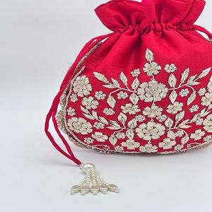 Cheap Handmade Embroidered Potli <b>Bag</b> with Rich Bead Decoration <b>for</b> <b>Bridal</b> Trousseau, Bridesmaid Gifts and Traditional <b>Weddings</b> - Product Image 6