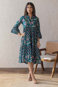 Vestido Midi Boho con Estampado Floral, Cuello en V, Mangas Farol, Corte Holgado en A, Cintura Imperio, Tejido Transpirable, Vestido Casual de Verano - Product Image 3