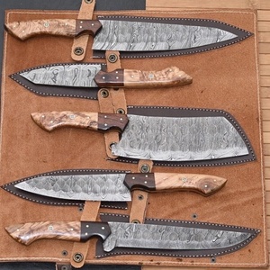 Ensemble de 5 couteaux de cuisine Damas faits à la main avec manche en bois et étui en cuir, couteaux de survie pliants utilitaires en gros - Product Image 2