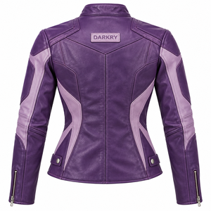 <b>Women</b> Purple Leather <b>Jacket</b> Dual Tone Color Block Stand Collar Biker Outerwear Zipper Pocket Slim Fit Custom Racing Motowear - Product Image 2