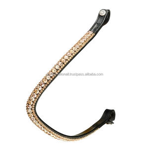 Logotipo personalizado hecho a mano banda de cejas de caballo de cuero genuino decorado con 3 filas de cristales dorados y blancos cadena de diamantes - Product Image 6