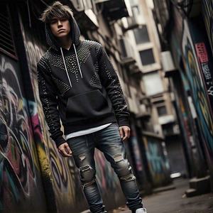 Pull à capuche en éponge française unisexe pour homme avec logo personnalisé Rhinestone Stud Streetwear 100% coton - Product Image 2