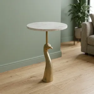 Modern Round <b>Marble</b> <b>Top</b> <b>Side</b> <b>Table</b> with Decorative Ostrich Metal Base Luxury Accent Furniture for Living Room Bedroom Decor - Product Image 1