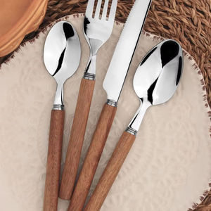 Cubertería de lujo para mesa de comedor: cuchara, tenedor y cuchillo de acero inoxidable con mango de madera. - Product Image 1