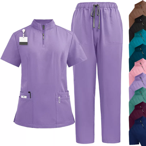 Women's <b>Purple</b> Scrub Set With Mandarin Collar And Drawstring Pants Hospital Uniforms - Product Image 1