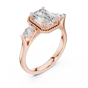 Anillo de Compromiso de Tres Piedras con Diamante Moissanite Corte Esmeralda, Halo Milgrain, Chapado en Oro Rosa sobre Plata, Joyería para Mujer - Product Image 4