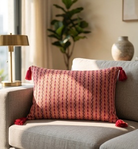 Striped Vertical Chevron Print Tasseled <b>Rectangular</b> Lumbar <b>Cushion</b> Cover in Pink, Orange, and Magenta12X18 - Product Image 1