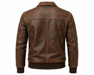 Brown Leather Slim Fit Vintage Bomber <b>Jacket</b> with Zipper Pocket Ribbed Cuffs Wool-Lined Eco-Friendly - Product Image 4