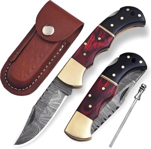 Couteau de poche pliant artisanal en acier Damas, couteau utilitaire pour le camping en plein air, manche en bois, étui en cuir, logo personnalisé OEM/ODM - Product Image 2