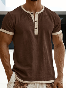 Men's Short Sleeve Henley T-Shirt Regular Fit Solid Color Button-<b>Up</b> 110g 100% Cotton woven Fabric Casual Wear made in Bangladesh - Product Image 4