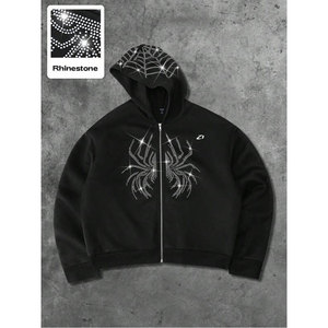 Sweat-shirt à capuche unisexe court en molleton de coton épais, imprimé graphique araignée avec strass, coupe oversize, écologique - Product Image 3