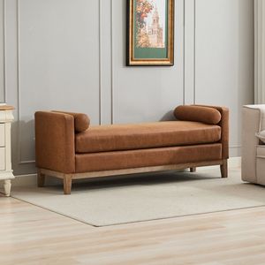 Elegant 66.34\" Upholstered BenchDaybed in Oak with Wood Legs 2 Bolster Pillows <b>End</b> <b>Bed</b> Bedroom Living Room Furniture" - Product Image 1