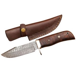 Cuchillo de caza de hoja fija de acero de Damasco con mango de madera, punta caída y filo recto de grosor. - Product Image 3