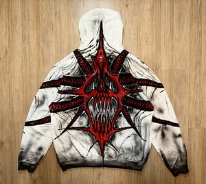 Vente en gros de sweats à capuche pour hommes de haute qualité, style Y2K, entièrement zippés, avec impression graphique de crâne rouge airbrush, coupe oversize, en coton lourd mélangé. - Product Image 2