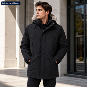 Custom Branding <b>Men's</b> <b>Black</b> Hooded Parka <b>Long</b> Waterproof Polyester Winter <b>Coat</b> Casual Outerwear with Fur Trim - Product Image 3