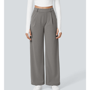 Pantalon large taille haute pour femme en crêpe uni plissé coupe ample longueur totale style minimaliste automne infroissable - Product Image 2