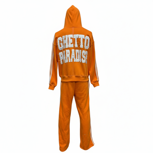 Ensemble de survêtement à capuche orange avec fermeture éclair intégrale, sweat-shirt et pantalon en coton, impression personnalisée, unisexe, décontracté, pour l'automne - Product Image 2