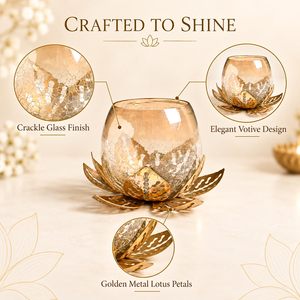 Portavelas Votivo de Cristal Craquelado con Loto Dorado Hecho a Mano, Lámpara Decorativa de Metal para Tealight, Centro de Mesa para el Hogar - Product Image 2