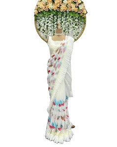 Saree Designer Party Wear orné de paillettes rose fausse georgette et tissu de lin scie soie et coton - Product Image 1