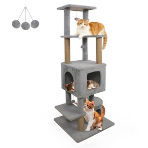 Torre per Gatti Grigio Chiaro da 64 Pollici con Sponde Morbide, 3 Palline Pendenti, Tiragraffi in Juta e Dispositivo Anti-Ribaltamento per Gatti Multipli - Product Image 1