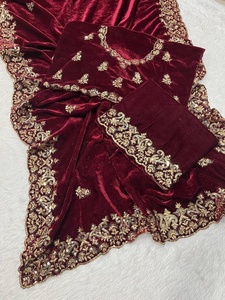Exclusive Designer 9000 <b>Velvet</b> Fabric Sequence Zari Thread Embroidery Work Border Unstitched Washable Bollywood Wedding <b>Saree</b> - Product Image 5