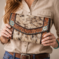 Pochette en cuir de vachette occidental, motif floral, incrustation turquoise, faite à la main, grande capacité, souple, prête à être expédiée, sac à main pour femme