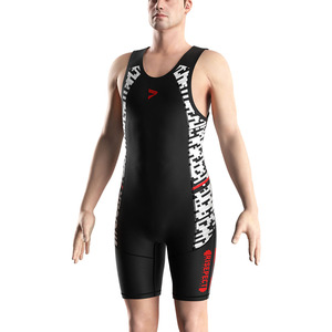 Traje de Artes Marciales de una Pieza para Hombre, Negro, Ajustado, de Secado Rápido, Spandex y Nailon, con Patrón Blanco y Logotipo Rojo - Product Image 1