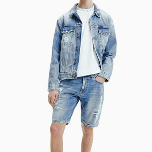 <b>Custom</b> Slim Fit Coated <b>Denim</b> <b>Jacket</b> and Shorts Suit Set with Stand Collar Front Logo Soft Eco-Friendly for Men - Product Image 1
