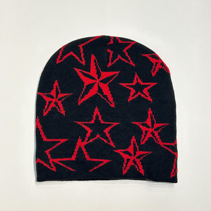 Gorro de Punto con Patrón de Estrellas Negras, Unisex, Gorro de Invierno Informal con Estampado Geométrico, Gorro de Esquí Ajustado, 100% Acrílico, Material Jersey - Product Image 3