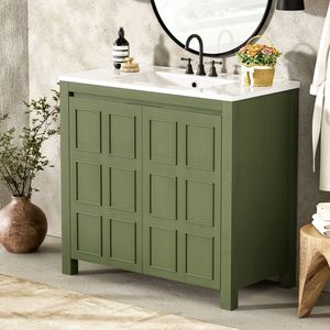 Mobile Bagno Verde Oliva da 36 Pollici con Lavabo in Ceramica e Armadietto Contenitore (Vecchio SKU SV000004AAF) - Product Image 2