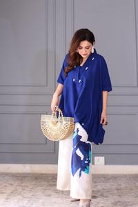 Ensemble coordonné numérique bleu pour femme, kurta en coton et pantalon palazzo imprimé crème, tenue décontractée ethnique style Inde Pakistan, coupe classique - Product Image 2