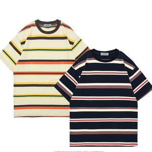 Camiseta de Algodón Grueso con Estampado Personalizado, Tejido Liso Teñido, Corte Holgado, Hombros Caídos, Estilo Vintage Urbano a Rayas - Product Image 2