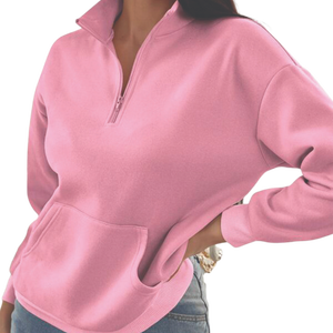 Sudadera de mujer con media cremallera, estampada en rosa, de algodón polar transpirable, holgada, con hombros caídos, estilo casual, para otoño. - Product Image 1