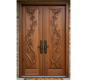 Puerta Doble de Madera Sólida Tallada a Mano con Diseño Floral de Lujo, Entrada Artística Ornamentada - Product Image 1