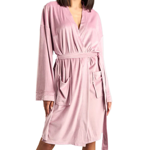 Bata de satén para mujer con cuello mandarín, manga tres cuartos, largo corto, color rosa liso, suave y cómoda, con cintura elástica y ribete de encaje - Product Image 3