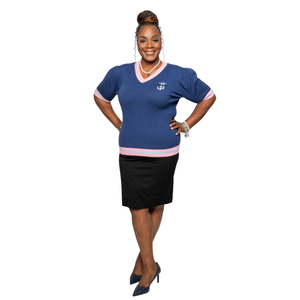 <b>Navy</b> Blue V Neck Sweater Short Sleeve Knit Pullover Women Casual Fashion Top With Pink Trim Elegant Apparel Clothing - Product Image 1