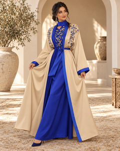 Caftán marroquí elegante en azul real y beige champán con bordado de cuentas, mangas anchas maxi, cinturón y bufanda a juego. - Product Image 4